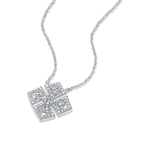 Elegant Moissanite CZ Geometry Four Leaf Clover 925 Sterling Silver Necklace - Mystical Gems Stones