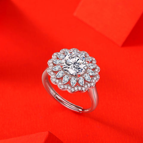 Beautiful 2ct Moissanite CZ Flower 925 Sterling Silver Adjustable Ring