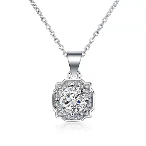 Office Micro Setting Moissanite CZ Square 925 Sterling Silver Necklace