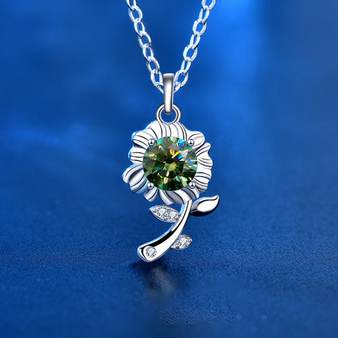 Beautiful Green Moissanite CZ Sunflower 925 Sterling Silver Necklace