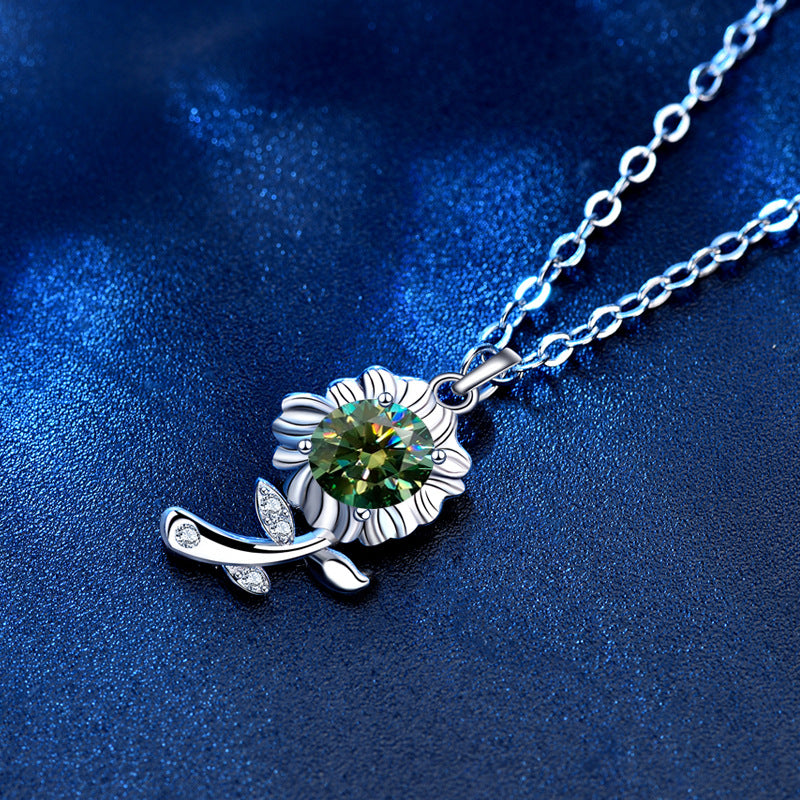 Beautiful Green Moissanite CZ Sunflower 925 Sterling Silver Necklace