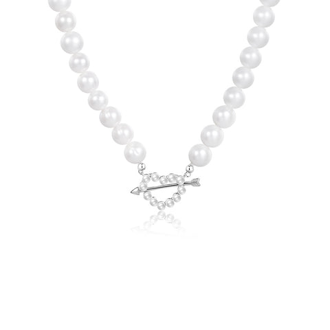 Anniversary Arrow Heart Shell Pearls 925 Sterling Silver Necklace