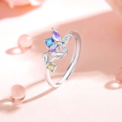 Fashion New Colorful CZ Butterfly Leaves 925 Sterling Silver Adjustable Ring