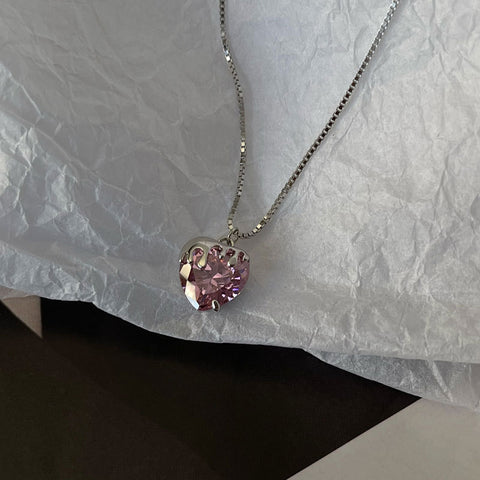 Lady Pink CZ Heart Flowing Lava 925 Sterling Silver Necklace