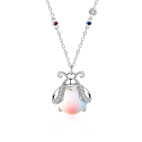 Cute Natural Moonstone Glowworm CZ 925 Sterling Silver Necklace