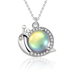 Cute Natural Moonstone Snail Animal CZ 925 Sterling Silver Necklace