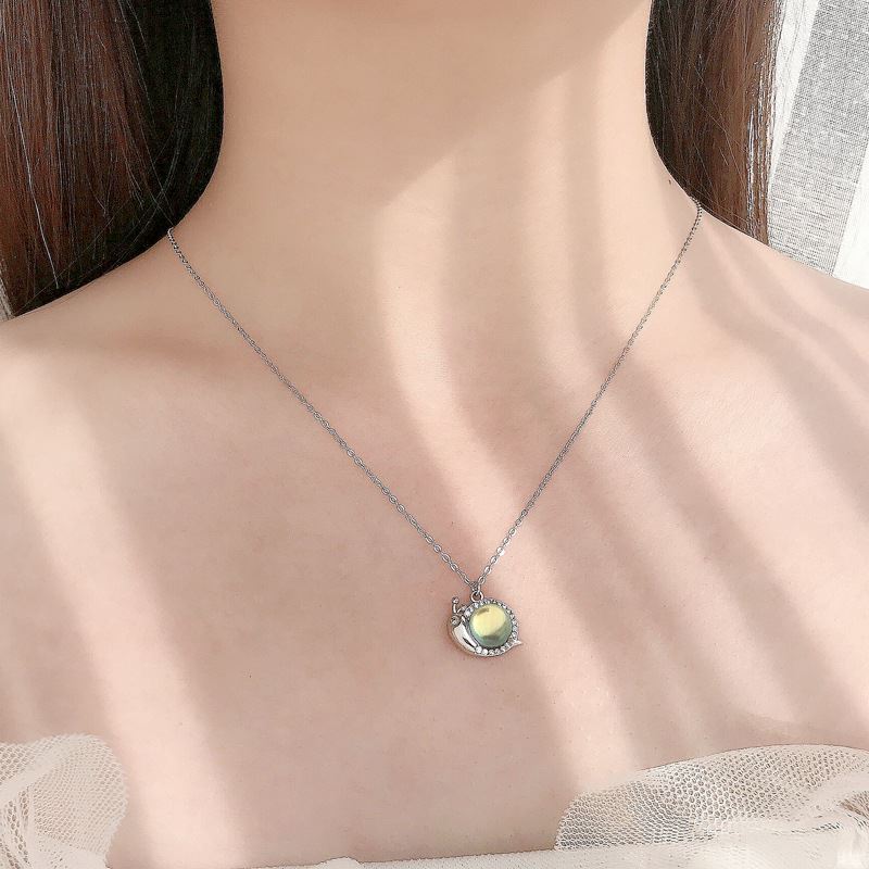 Cute Natural Moonstone Snail Animal CZ 925 Sterling Silver Necklace