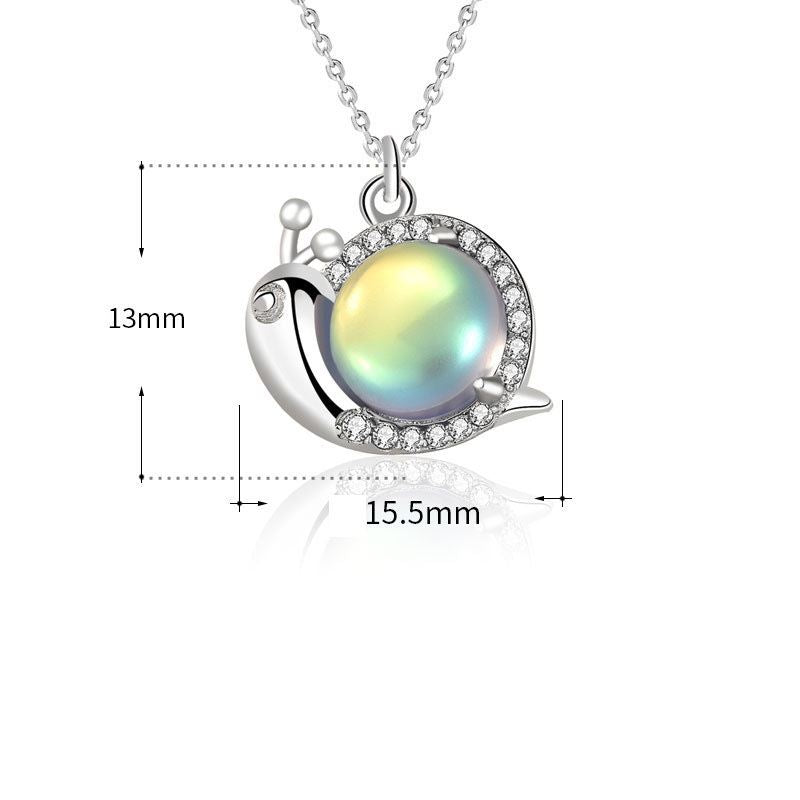 Cute Natural Moonstone Snail Animal CZ 925 Sterling Silver Necklace