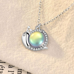 Cute Natural Moonstone Snail Animal CZ 925 Sterling Silver Necklace