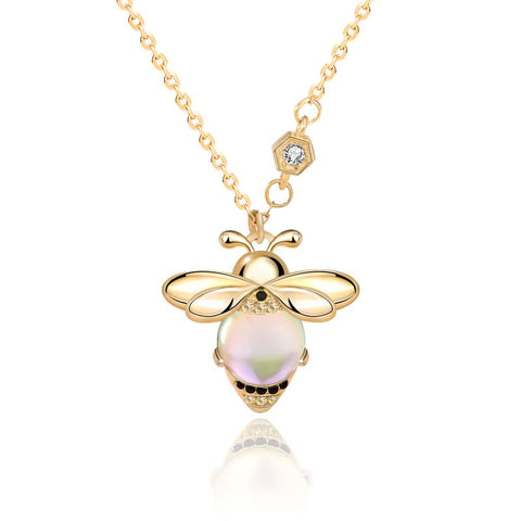 Natural Moonstone Honey Bee CZ Cute 925 Sterling Silver Necklace