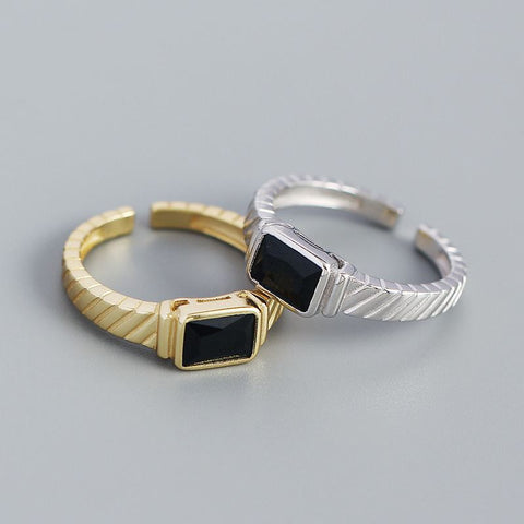 Geometry Created Black Agate Emerald 925 Sterling Silver Adjustable Ring