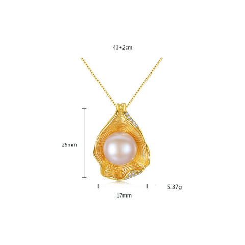 Round Natural Pearl In CZ Shell 925 Silver Necklace