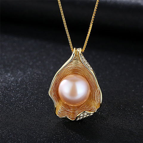 Round Natural Pearl In CZ Shell 925 Silver Necklace