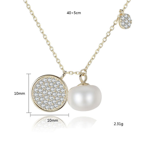 CZ Disc Half-Round Natural Pearl 925 Silver Necklace