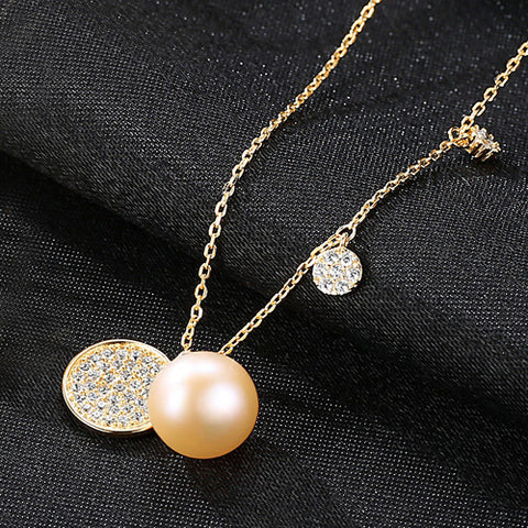 CZ Disc Half-Round Natural Pearl 925 Silver Necklace