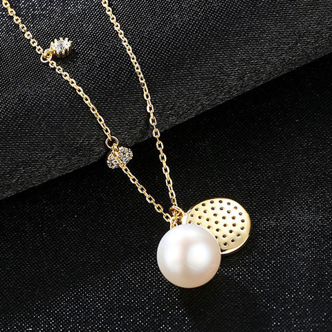 CZ Disc Half-Round Natural Pearl 925 Silver Necklace