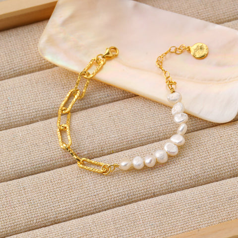 Girl Irregular Hollow Chain Natural Pearl 925 Sterling Silver Bracelet