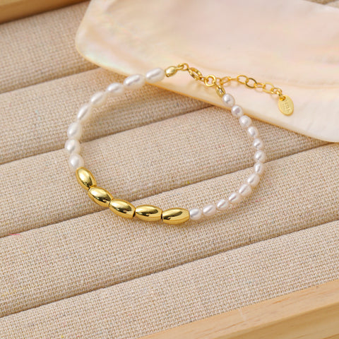 Asymmetry Oval Natural Pearls Beads 925 Sterling Silver Bracelet